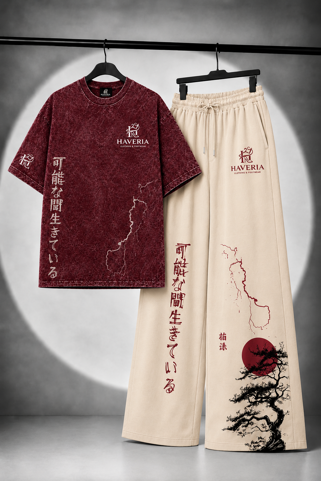 Japanese Graphic Cotton Fleece T-Shirt & Wide-Leg Pants Set – 300 GSM